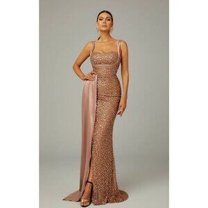 MissOrd Ribbon Corset Sequin Maxi Dress Women's Plus Size 4XL in Champagne NWT!